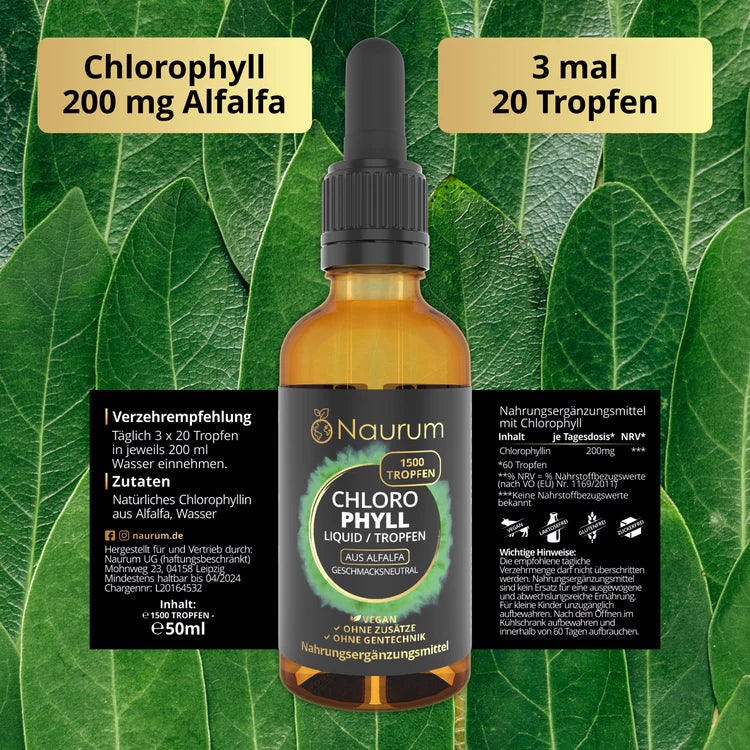 Naurum | Chlorophyll Liquid Tropfen - Natürliches Chlorophyll aus Alfalfa - 50 ml