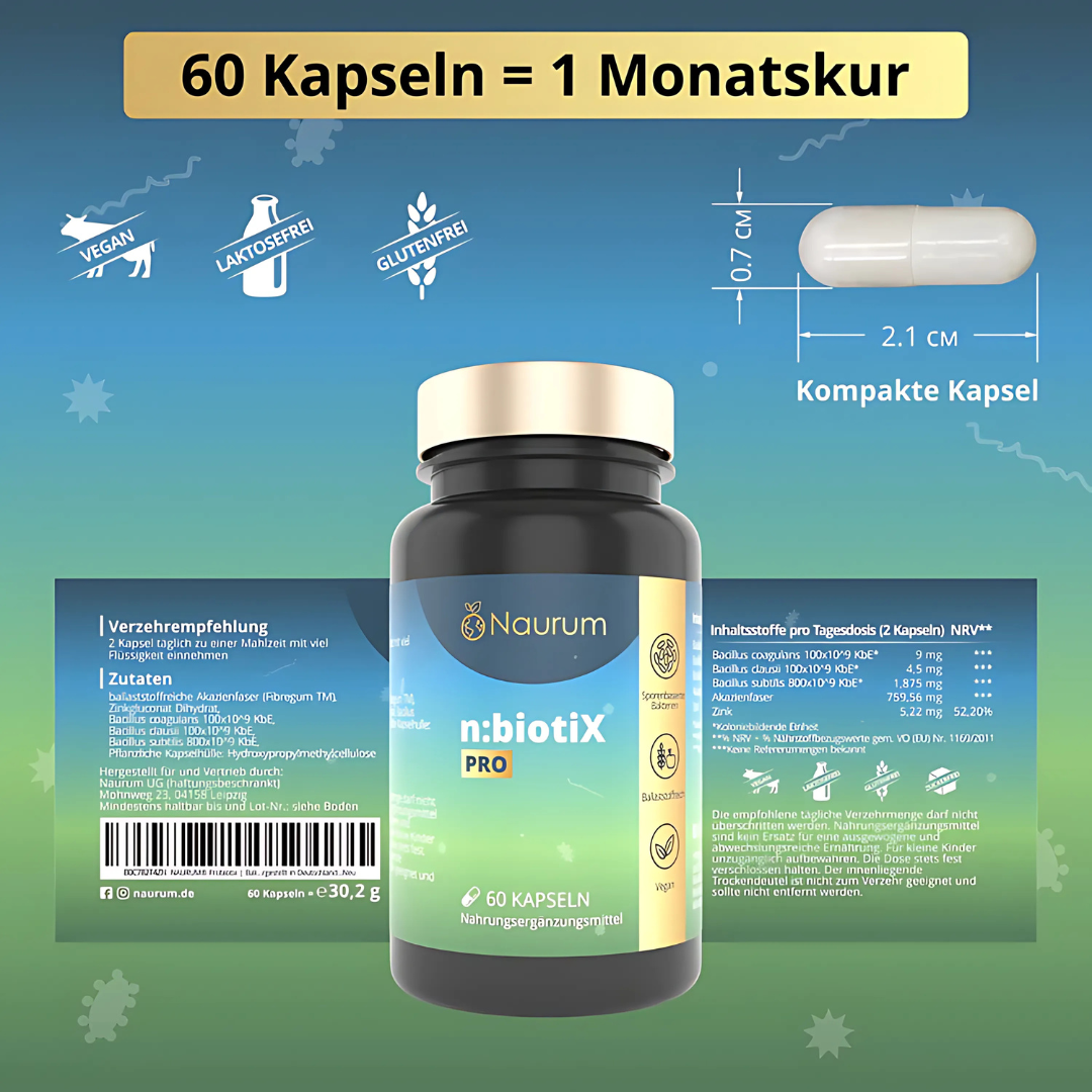 Naurum n:biotiX Pro · Sporenbasierte Bakterienkulturen mit Ballaststoffen und Zink · 60 Kapseln – Bild 6