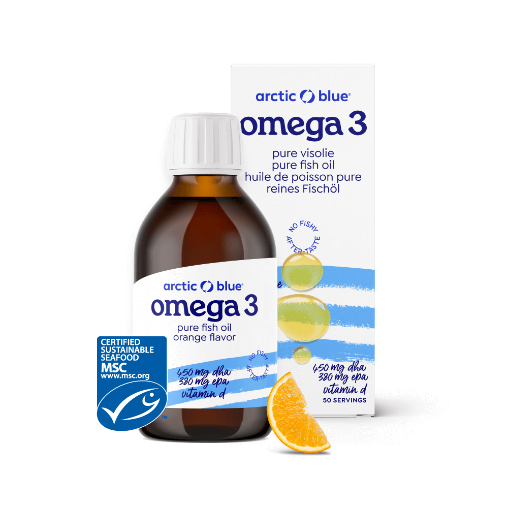 Arctic Blue | Omega 3 DHA- und EPA-Fischöl mit Vitamin D3 (Orangengeschmack) - MSC - 250 ml