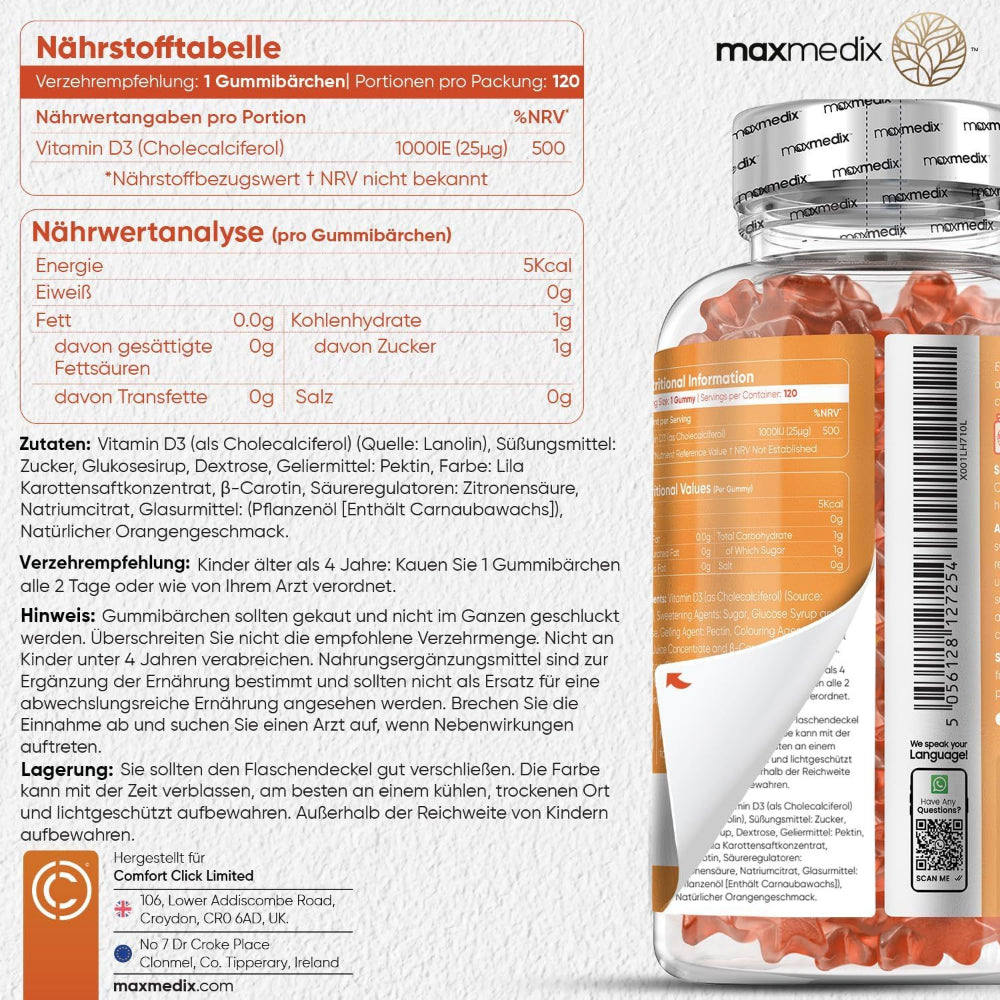 maxmedix Vitamin D3 Kinder Gummibärchen 1000 IE · 120 Stück – Bild 6