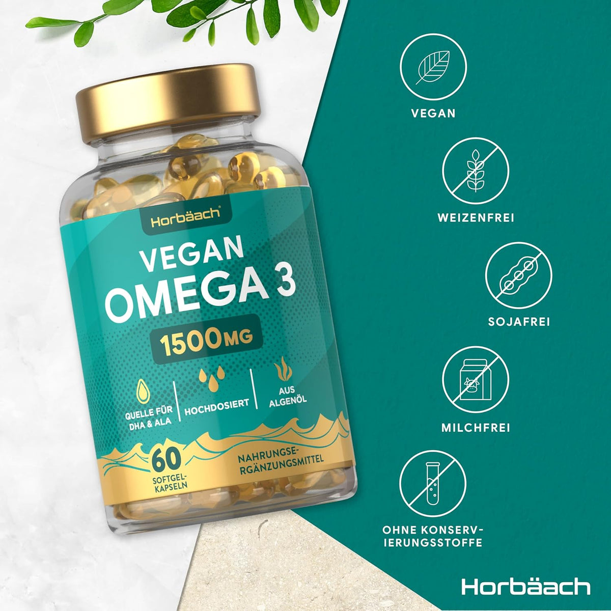 Horbaach Omega 3 Vegan 1500mg aus Algenöl · 60 Kapseln mit Hochdosiert ALA und DHA pro Portion – Bild 3