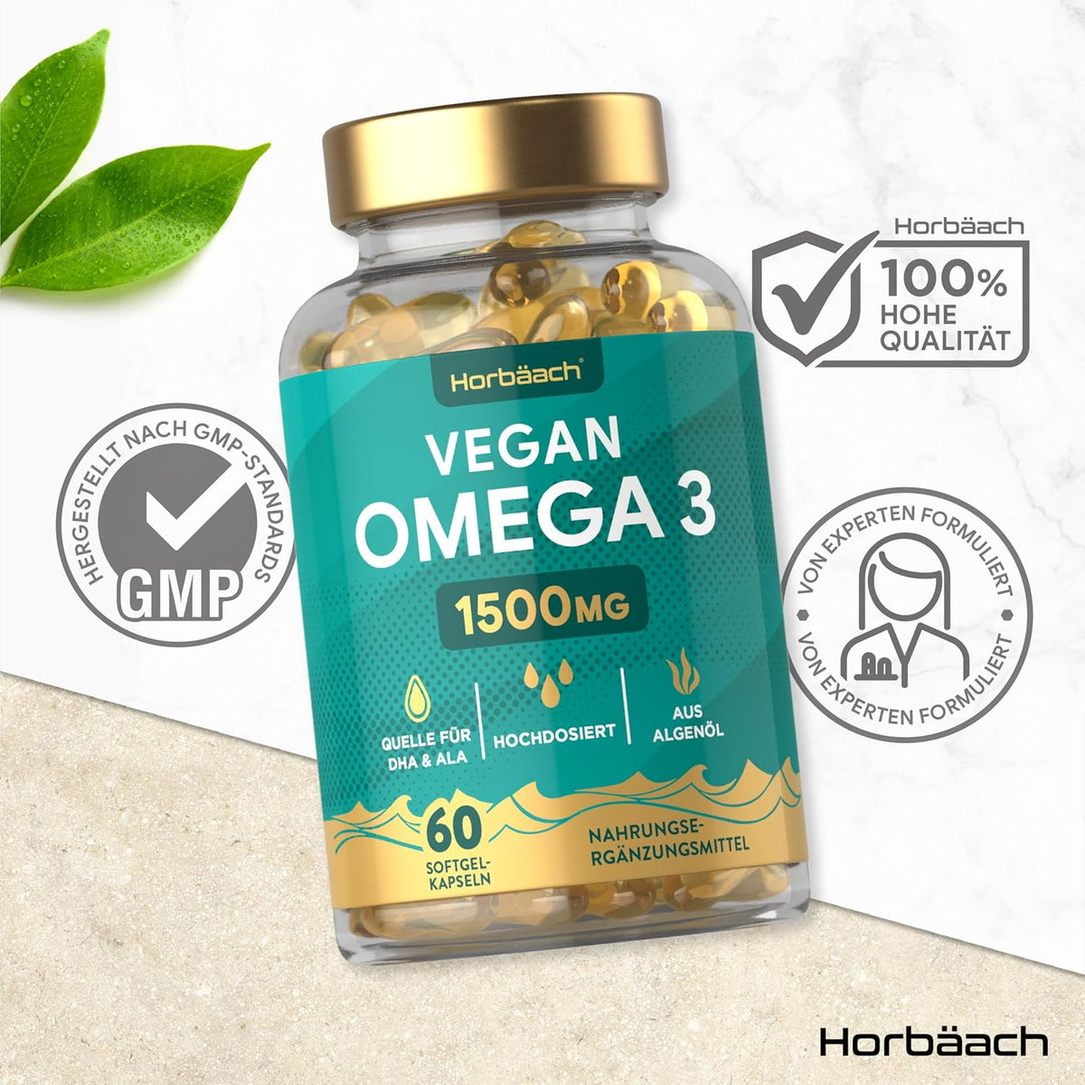 Horbaach Omega 3 Vegan 1500mg aus Algenöl · 60 Kapseln mit Hochdosiert ALA und DHA pro Portion – Bild 6