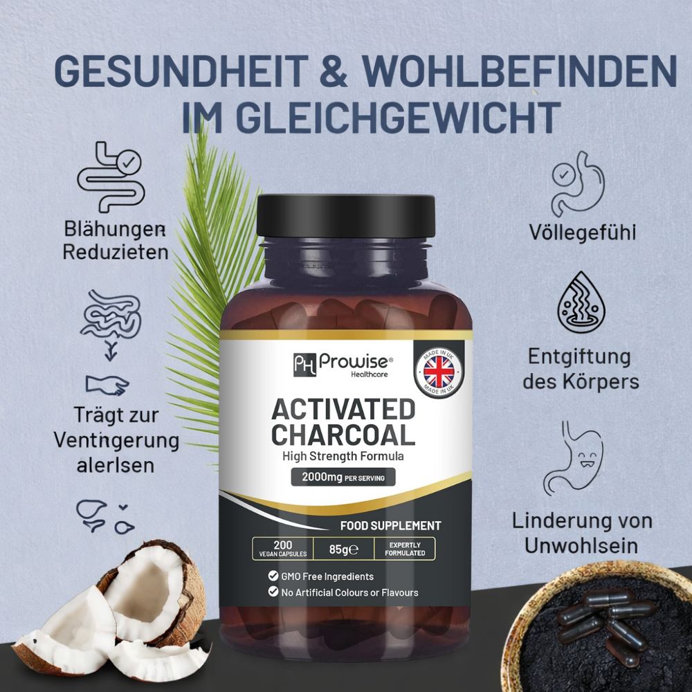 Prowise Healthcare Aktivkohle-Kapseln 2000 mg · 200 vegane Kapseln – Bild 3