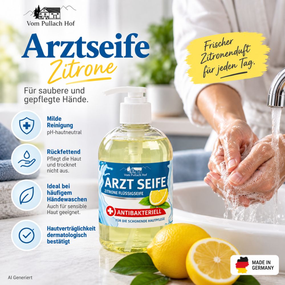 Vom Pullach | Hof Arztseife Zitrone - pH-hautneutrale Flüssigseife für häufiges Händewaschen - 300 ml