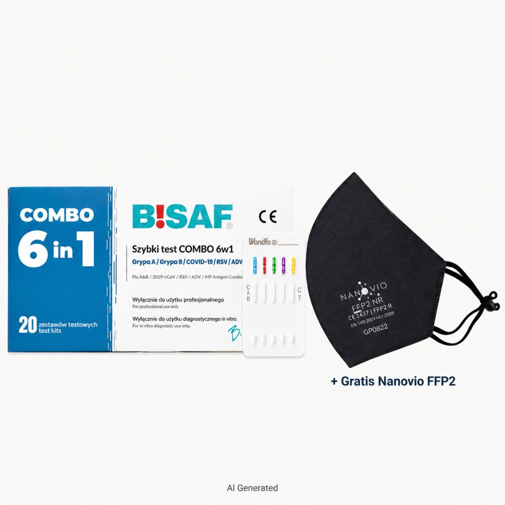 BISAF | COMBO 6in1: SARS-CoV-2, Flu A/B, RSV, Adenovirus, Mycoplasma – 20 Tests + Gratis Nanovio FFP2