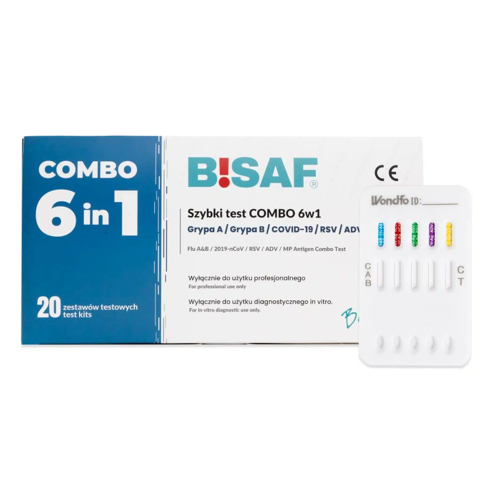 BISAF | COMBO 6in1: SARS-CoV-2, Flu A/B, RSV, Adenovirus, Mycoplasma – 20 Tests + Gratis Nanovio FFP2