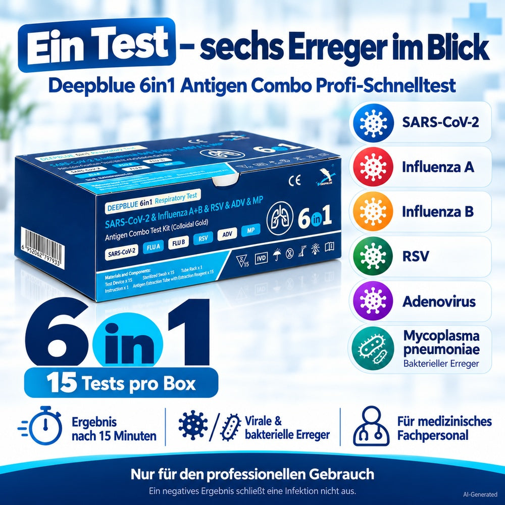Deepblue | 6in1 Profi Antigen Combo Test für COVID-19 (Corona), Grippe A/B, RSV, Adenovirus & Mycoplasma (MP) 15 Stück Packung