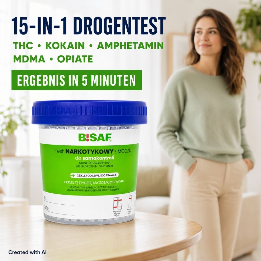 BISAF | 15-in-1 Drogentest Urin – Testbecher für 15 Substanzen – 1 Stück