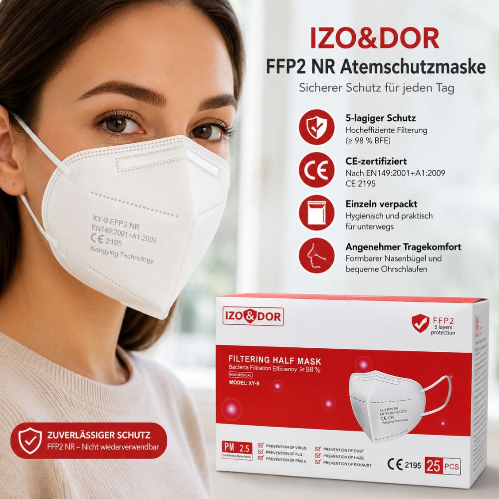 IZO&DOR | FFP2 NR Atemschutzmaske - CE-zertifiziert - EN149 - 5-lagig - Weiß