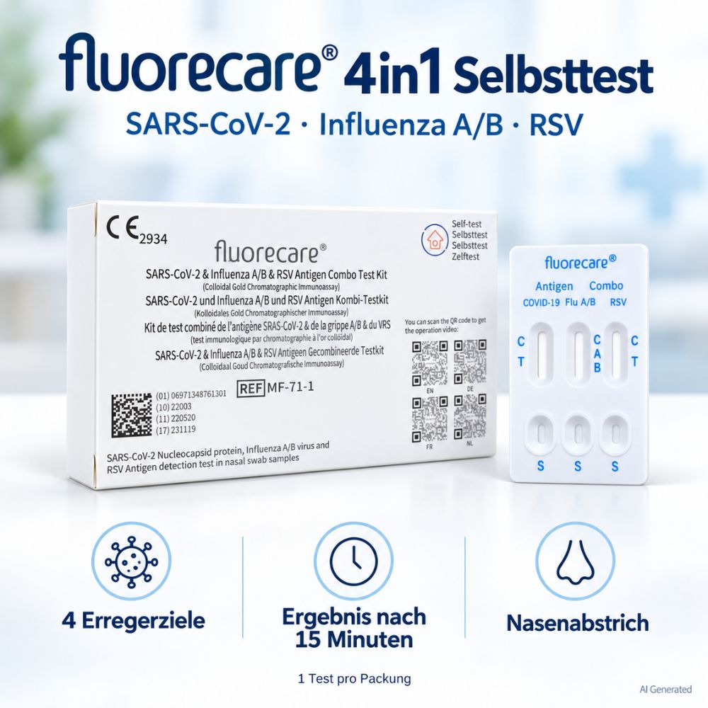 fluorecare® SARS-CoV-2, Influenza A/B & RSV Combo-Schnelltest - Einzelverpackung