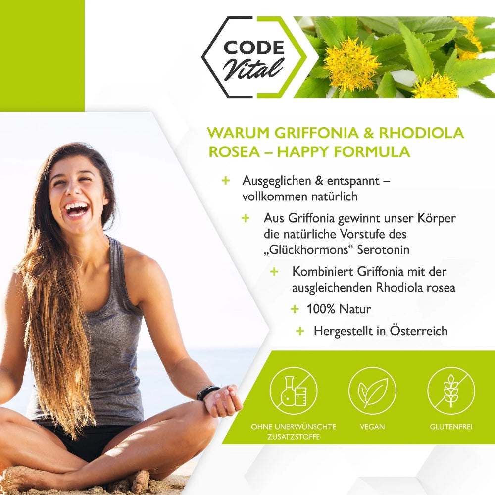 Code Vital Griffonia & Rhodiola Rosea · Happy Formula · 100 % natürliche Glücks-Formel – Bild 2