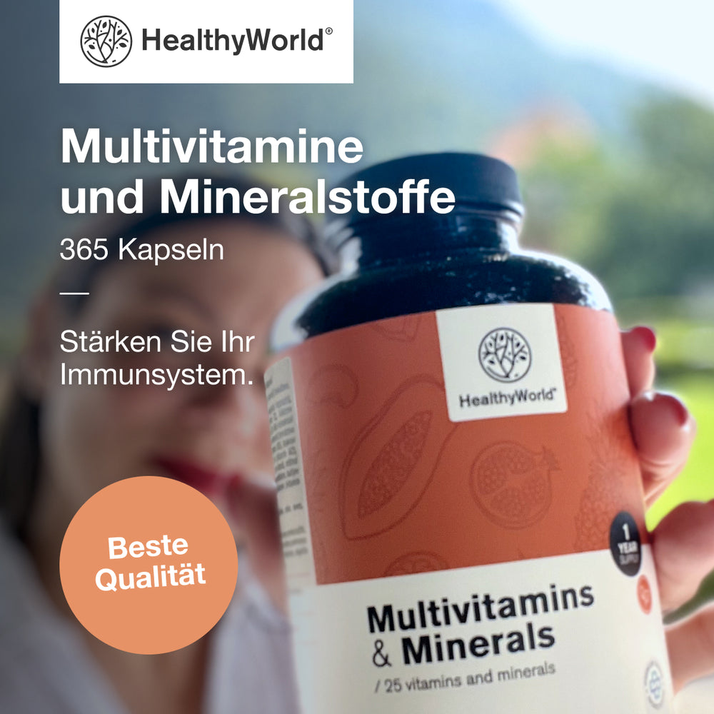 HealthyWorld Multivitamine & Mineralien · 25 Vitamine & Mineralstoffe für Energie, Immunsystem & Vitalität · 365 Kapseln – Bi