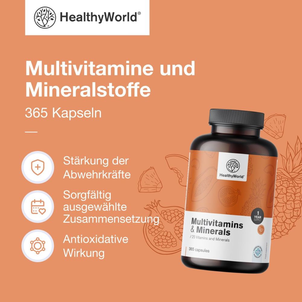 HealthyWorld Multivitamine & Mineralien · 25 Vitamine & Mineralstoffe für Energie, Immunsystem & Vitalität · 365 Kapseln – Bi