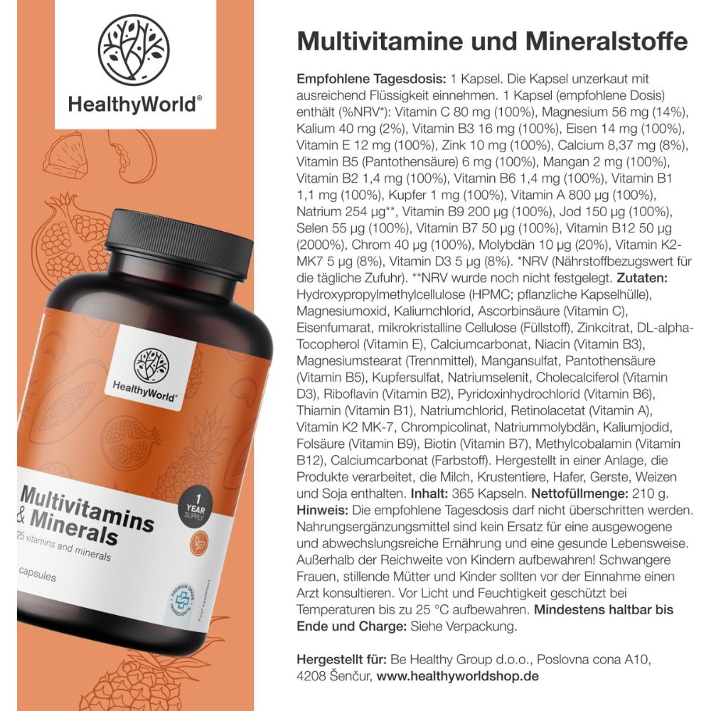 HealthyWorld Multivitamine & Mineralien · 25 Vitamine & Mineralstoffe für Energie, Immunsystem & Vitalität · 365 Kapseln – Bi