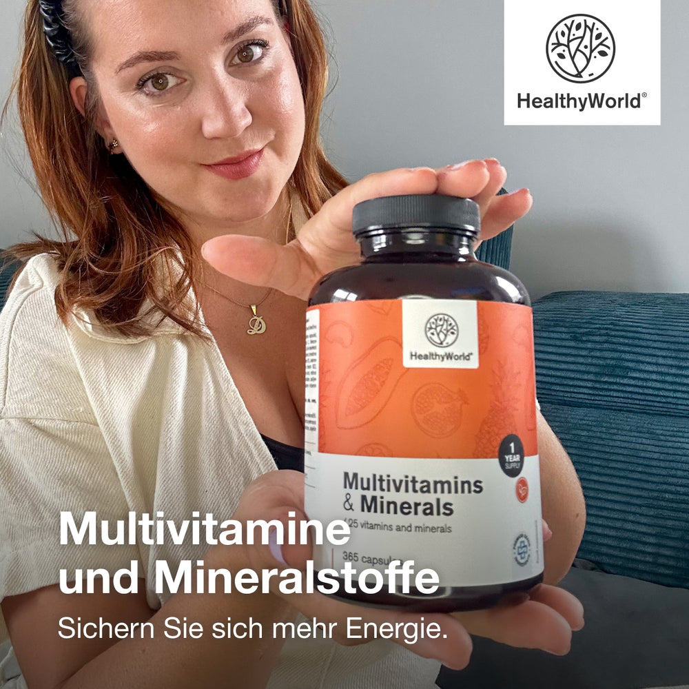 HealthyWorld Multivitamine & Mineralien · 25 Vitamine & Mineralstoffe für Energie, Immunsystem & Vitalität · 365 Kapseln – Bi