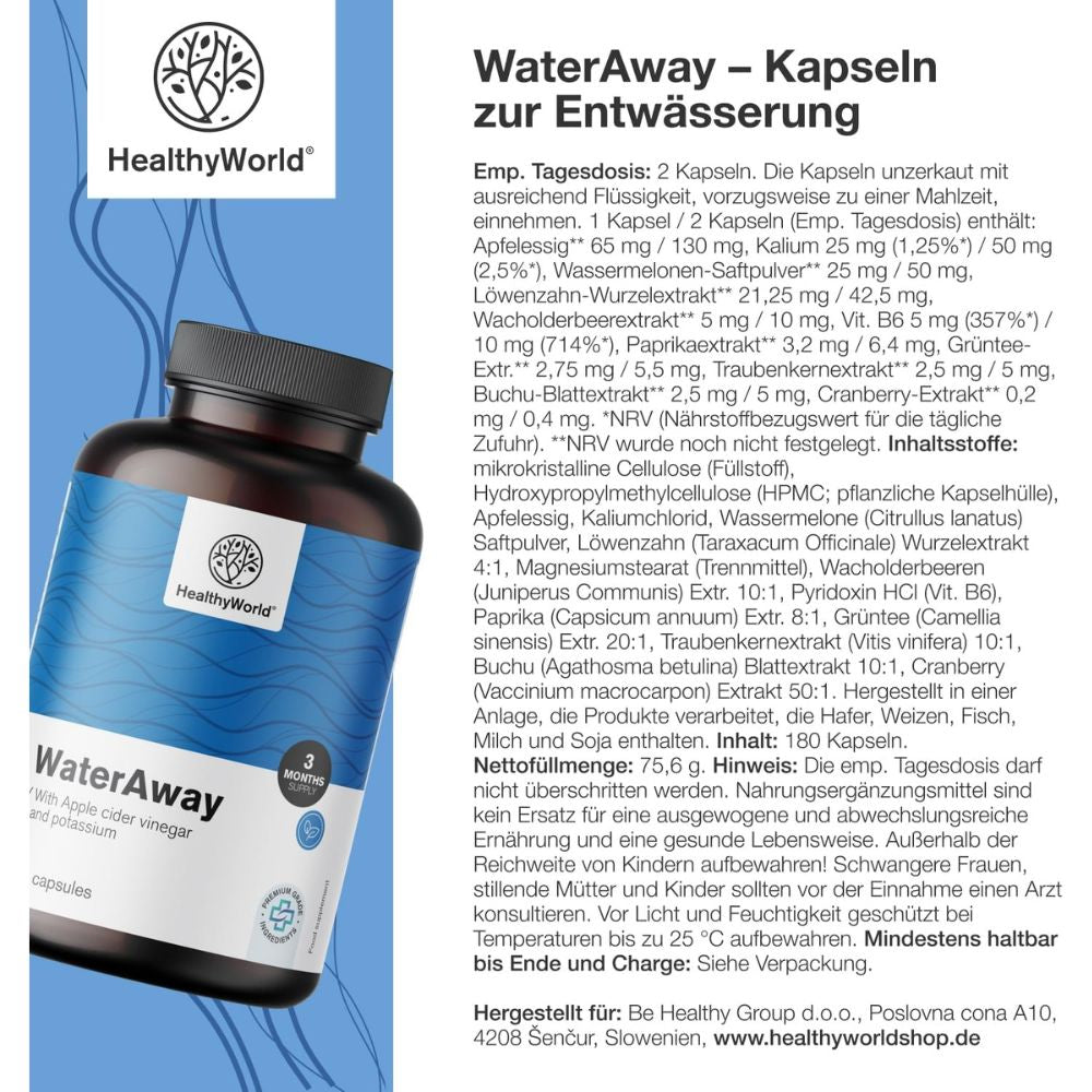 HealthyWorld WaterAway · Kapseln zur Entwässerung · 180 Kapseln – Bild 5