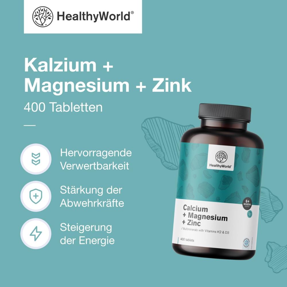 HealthyWorld Calcium + Magnesium + Zink · 9 Vitalstoffe mit Vitamin D3 & K2 · 400 Tabletten – Bild 4