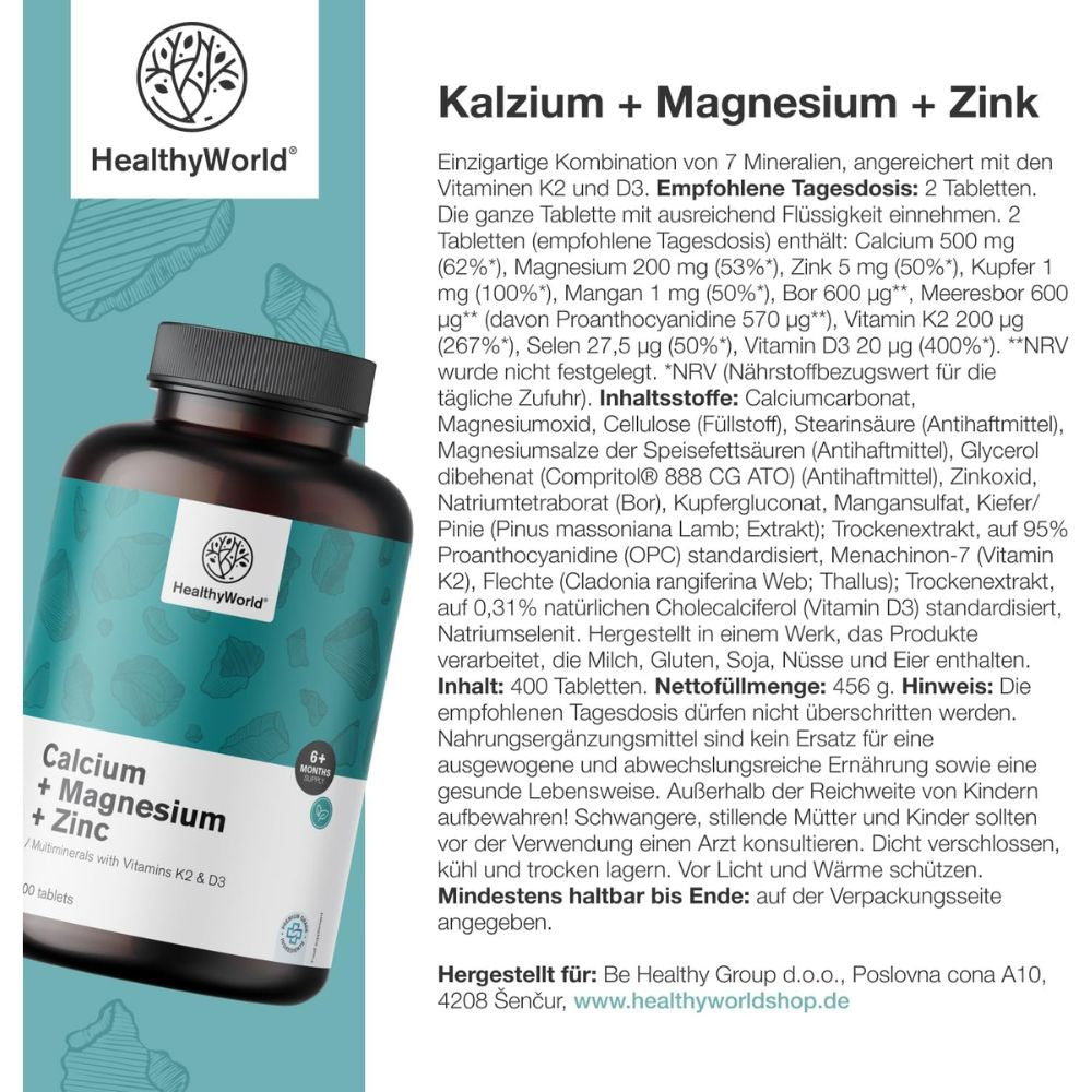 HealthyWorld Calcium + Magnesium + Zink · 9 Vitalstoffe mit Vitamin D3 & K2 · 400 Tabletten – Bild 5