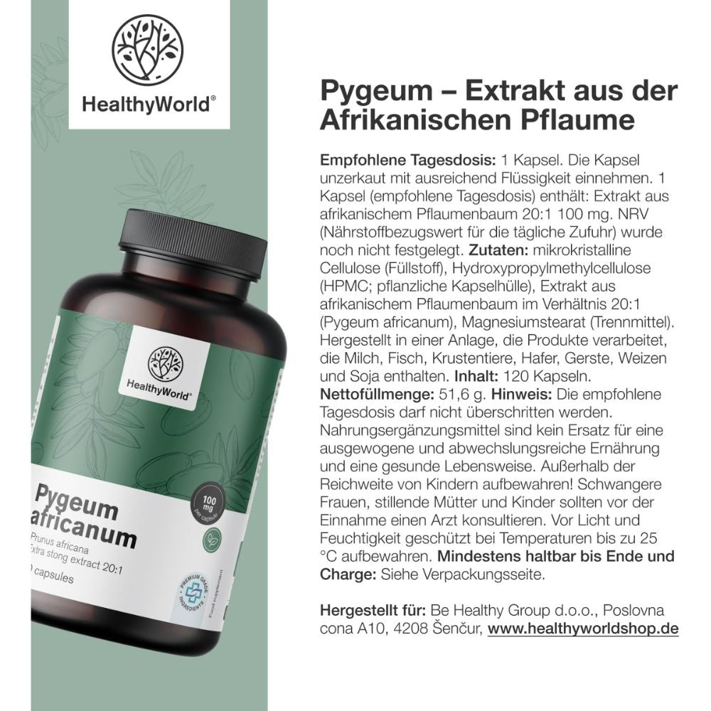HealthyWorld | Pygeum – Extrakt aus afrikanischem Pflaumenbaum - 120 Kapseln