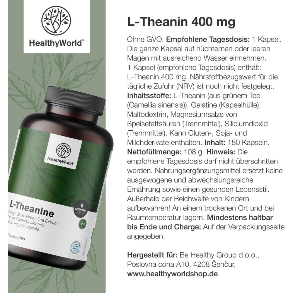 HealthyWorld L-Theanin 400 mg für Fokus und innere Ruhe · 180 Kapseln – Bild 6