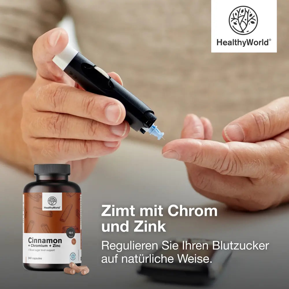HealthyWorld Zimt mit Chrom und Zink zur Regulierung des Blutzuckerspiegels · 240 Kapseln – Bild 2