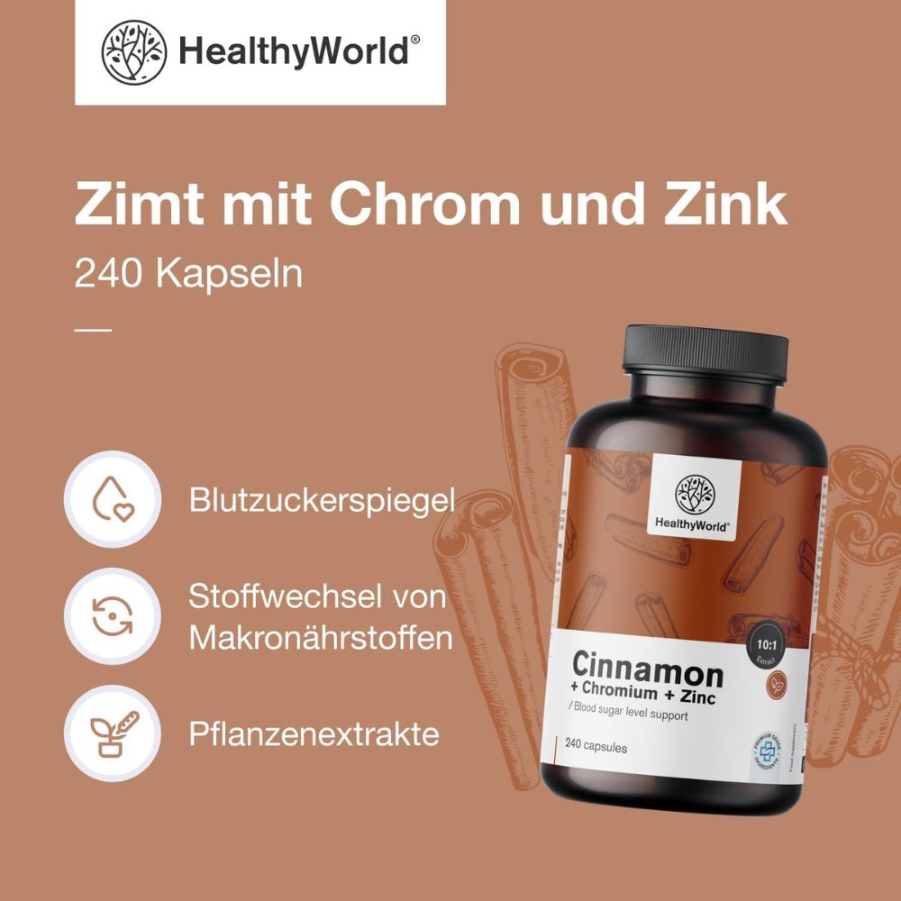 HealthyWorld Zimt mit Chrom und Zink zur Regulierung des Blutzuckerspiegels · 240 Kapseln – Bild 3