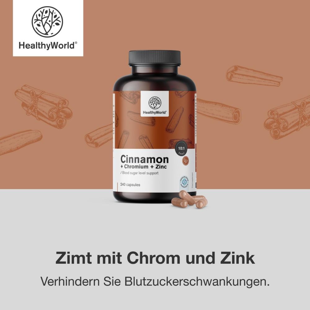 HealthyWorld | Zimt mit Chrom und Zink zur Regulierung des Blutzuckerspiegels - 240 Kapseln