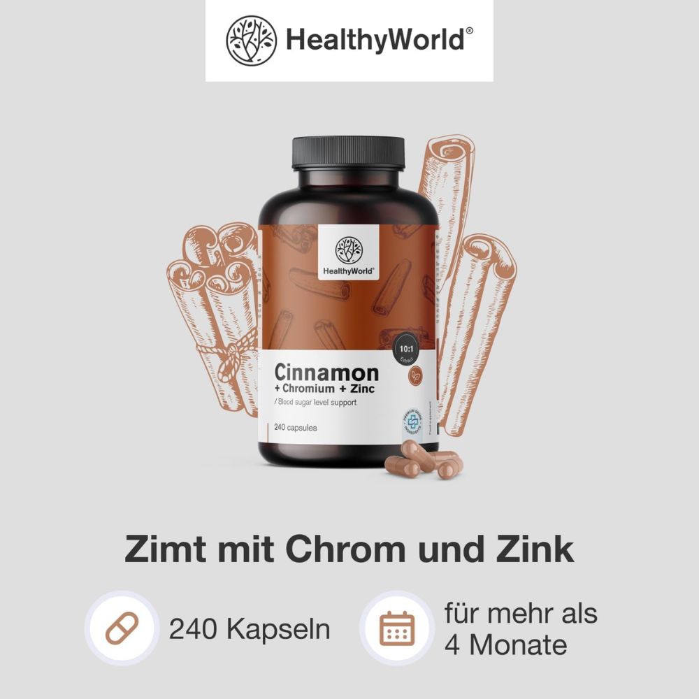 HealthyWorld | Zimt mit Chrom und Zink zur Regulierung des Blutzuckerspiegels - 240 Kapseln