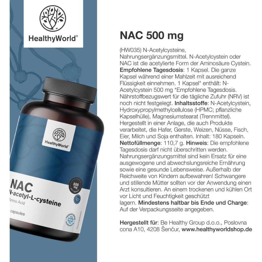 HealthyWorld NAC 500 mg · Hochdosiertes N-Acetyl-Cystein · 180 Kapseln – Bild 5