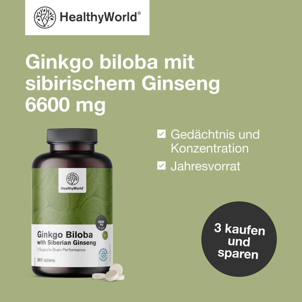 HealthyWorld Ginkgo mit Sibirischem Ginseng 6600 mg · 365 Tabletten – Bild 3