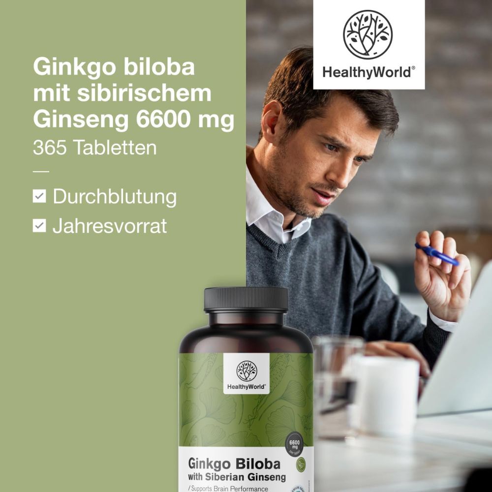 HealthyWorld Ginkgo mit Sibirischem Ginseng 6600 mg · 365 Tabletten – Bild 5