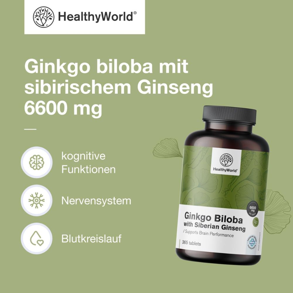 HealthyWorld | Ginkgo mit Sibirischem Ginseng 6600 mg - 365 Tabletten
