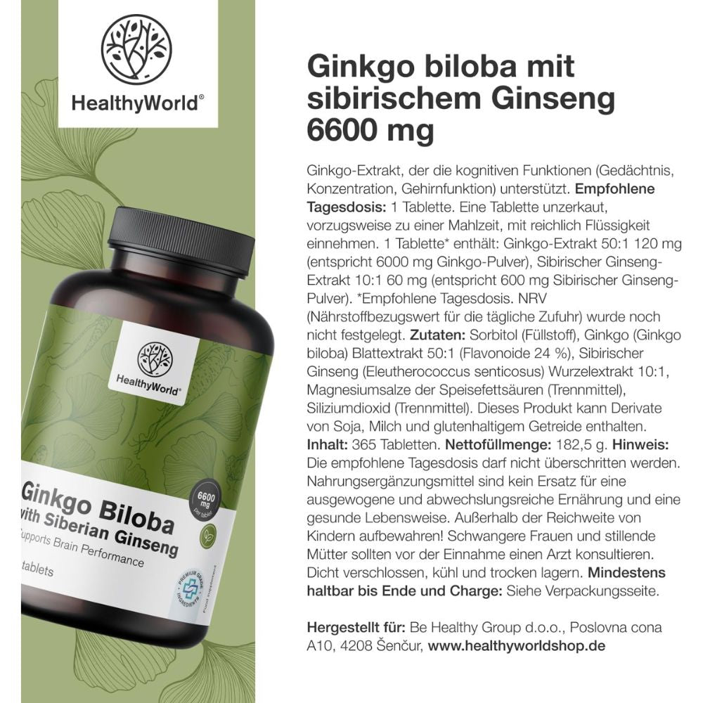 HealthyWorld Ginkgo mit Sibirischem Ginseng 6600 mg · 365 Tabletten – Bild 6