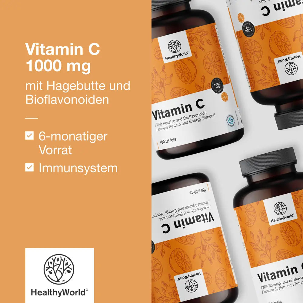 HealthyWorld Vitamin C 1000 mg mit Hagebutte und Bioflavonoiden · 180 Tabletten – Bild 3