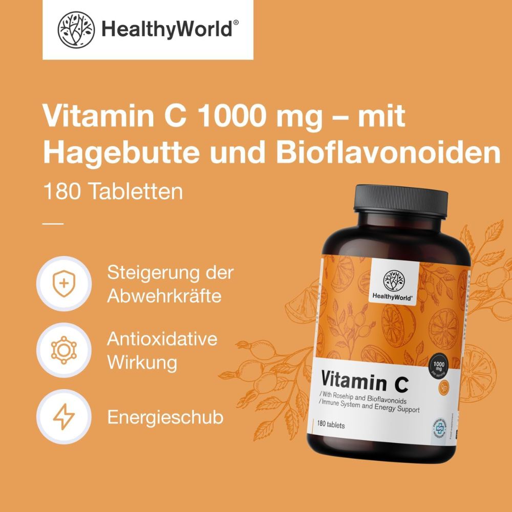 HealthyWorld Vitamin C 1000 mg mit Hagebutte und Bioflavonoiden · 180 Tabletten – Bild 4
