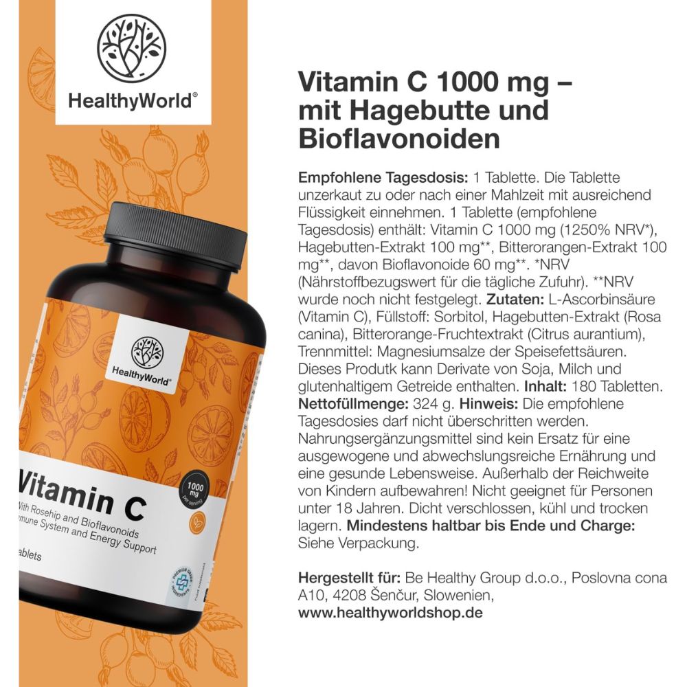 HealthyWorld Vitamin C 1000 mg mit Hagebutte und Bioflavonoiden · 180 Tabletten – Bild 5