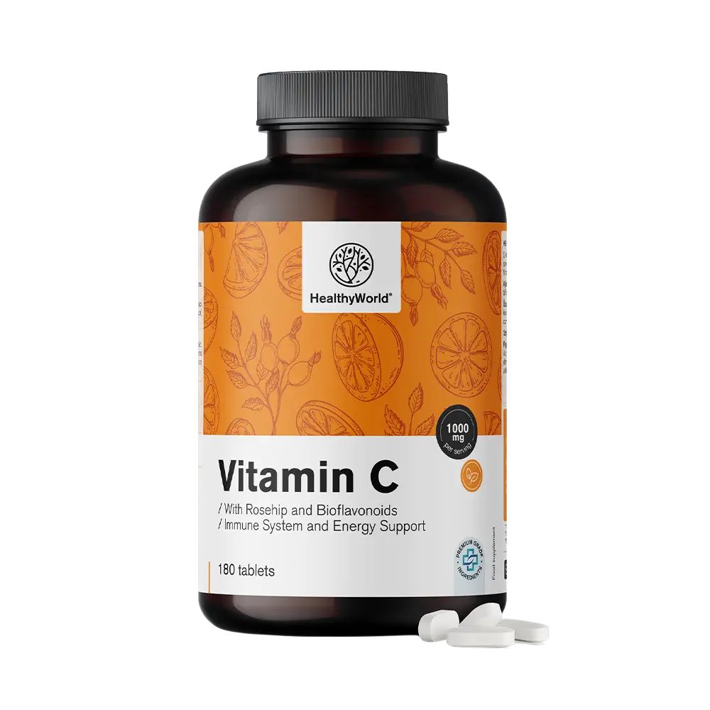 HealthyWorld Vitamin C 1000 mg mit Hagebutte und Bioflavonoiden · 180 Tabletten