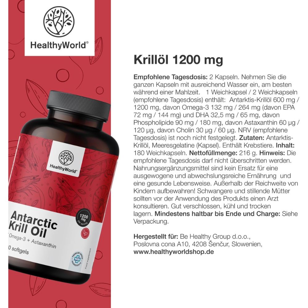 HealthyWorld | Krillöl 1200 mg für Herz, Blutgefäße und Leber - 180 Weichkapseln