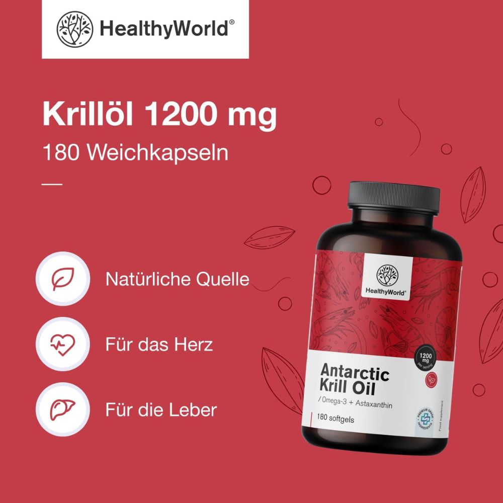 HealthyWorld | Krillöl 1200 mg für Herz, Blutgefäße und Leber - 180 Weichkapseln
