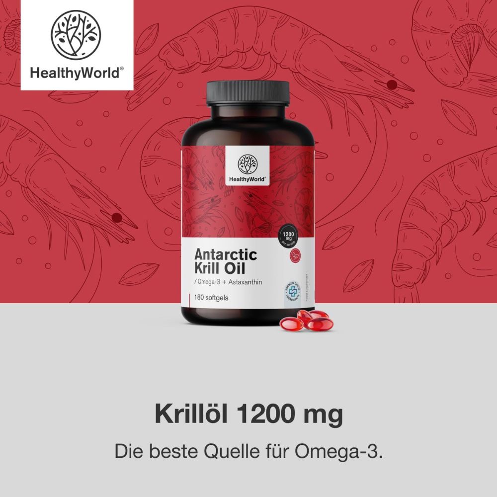 HealthyWorld | Krillöl 1200 mg für Herz, Blutgefäße und Leber - 180 Weichkapseln