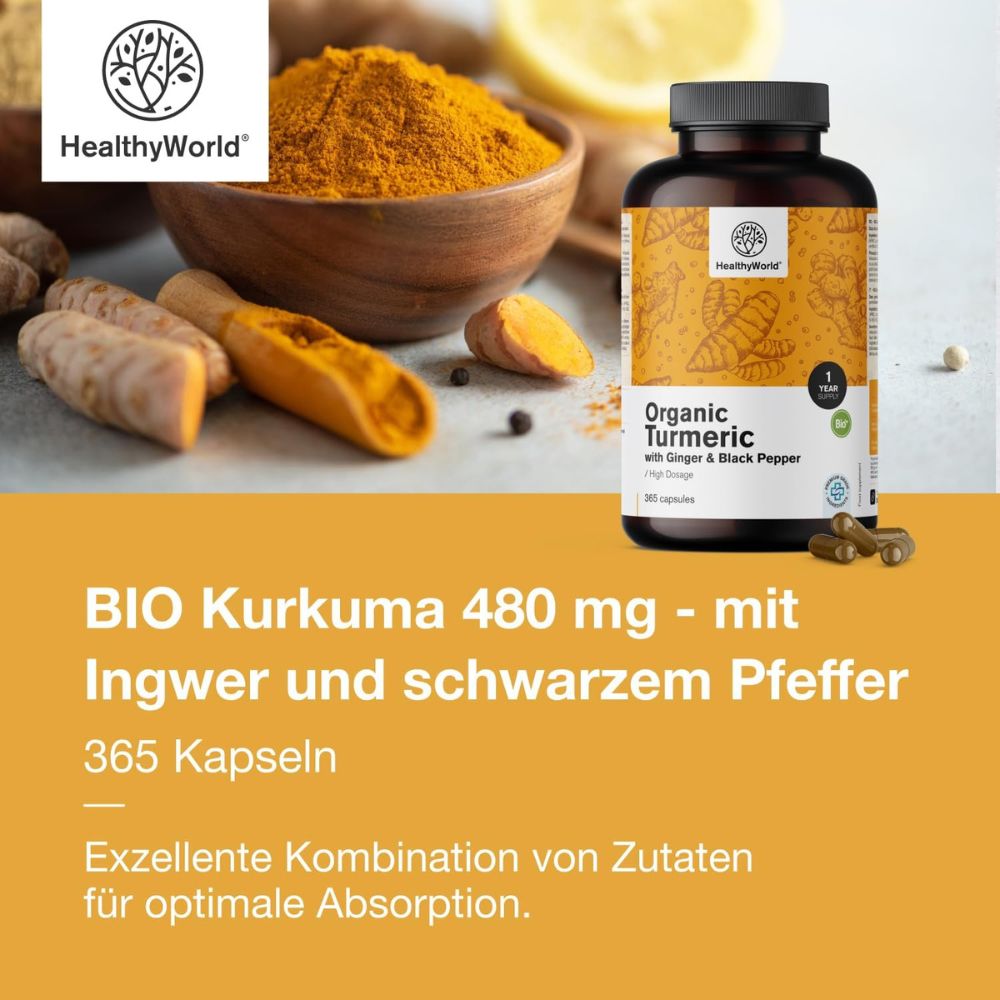 HealthyWorld BIO Kurkuma 480 mg mit Ingwer und schwarzem Pfeffer · 365 Kapseln – Bild 4