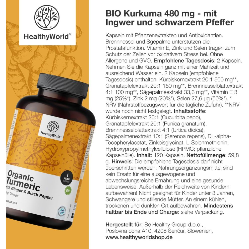 HealthyWorld BIO Kurkuma 480 mg mit Ingwer und schwarzem Pfeffer · 365 Kapseln – Bild 5
