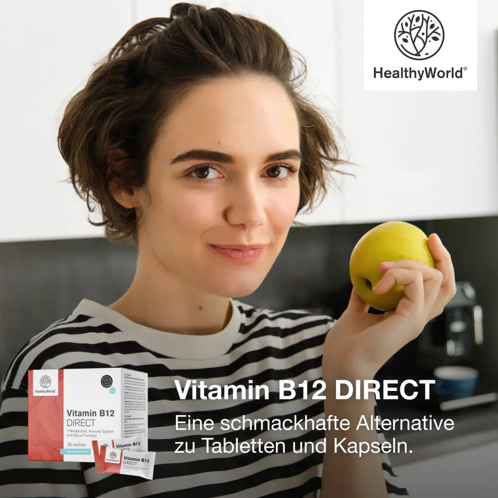HealthyWorld | Vitamin B12 DIRECT 1000 µg – Pulversticks mit Apfelgeschmack - 30 Stück