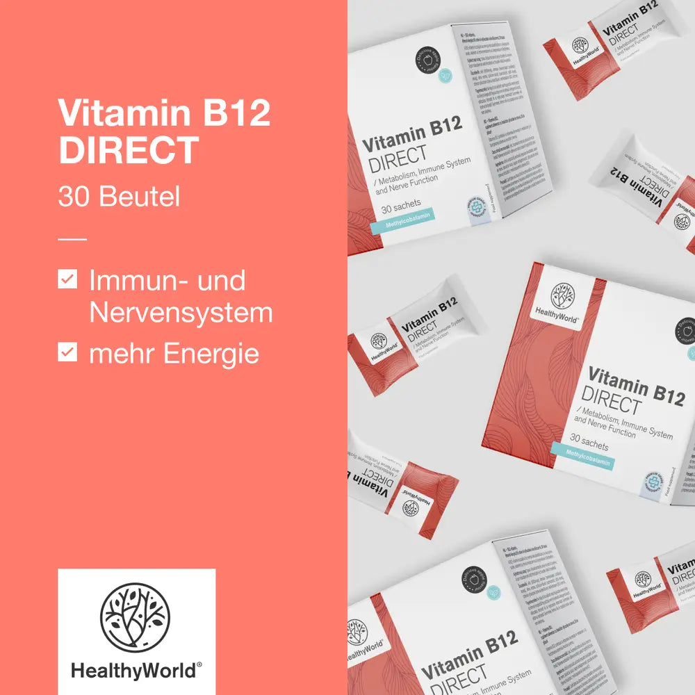 HealthyWorld | Vitamin B12 DIRECT 1000 µg – Pulversticks mit Apfelgeschmack - 30 Stück
