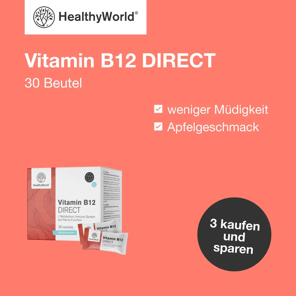 HealthyWorld | Vitamin B12 DIRECT 1000 µg – Pulversticks mit Apfelgeschmack - 30 Stück