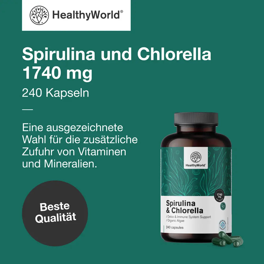 HealthyWorld | Spirulina und Chlorella 1740 mg – BIO Algen-Komplex – 240 Kapseln