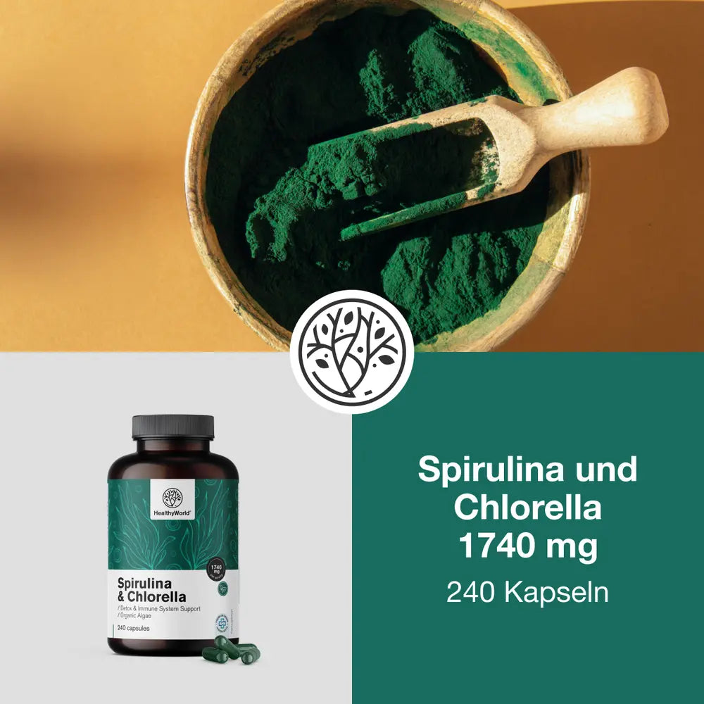 HealthyWorld | Spirulina und Chlorella 1740 mg – BIO Algen-Komplex – 240 Kapseln