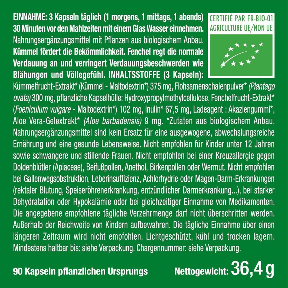 Nutrimea Herbacol Bio · Darmkur mit Flohsamenschalen, Fenchel, Aloe Vera, Kümmel & Inulin · 90 Kapseln – Bild 5