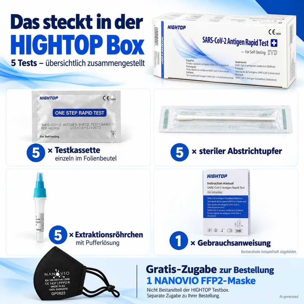 HIGHTOP | SARS Covid-19 Laien-Schnelltest – 5er Box + Gratis Nanovio FFP2