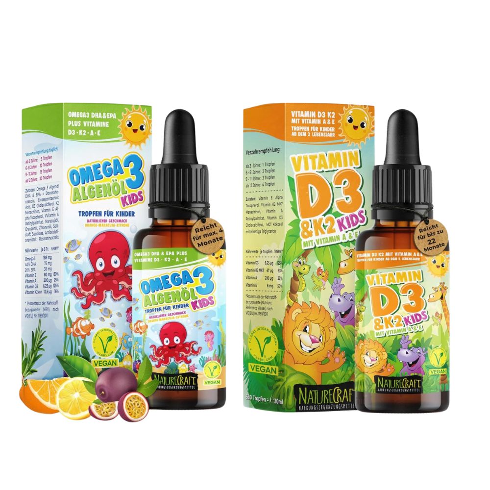 NatureCraft Kinder-Vital-Set Vegan Omega-3 Algenöl Kids + Vitamin D3 K2 Tropfen Kids